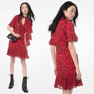 Michael Kors Elbise Mini Red Dress Jacquard Tie Neck Size S
